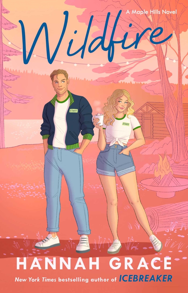 Wildfire cover. Pink/warm-toned camp background with male and female camp counselors smirking.