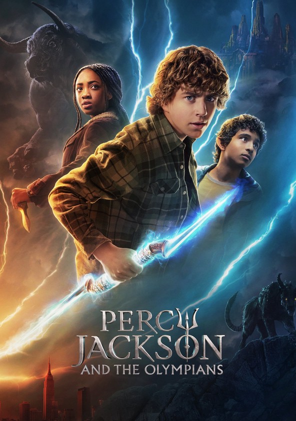 Percy Jackson and the Olympians TV series poster with Walker Scobell as Percy(centre), Leah Jeffries as Annabeth(left) and Aryan Simhadri(right), as Percy holds Zeus' Lightning Bolt