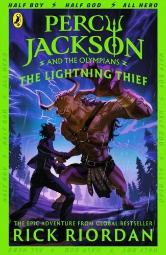 Percy Jackson and the Lightening Thief by Rick Riordan, book cover depicting an illustration of a minotaur fighting a young man in a lightening fueled forest.