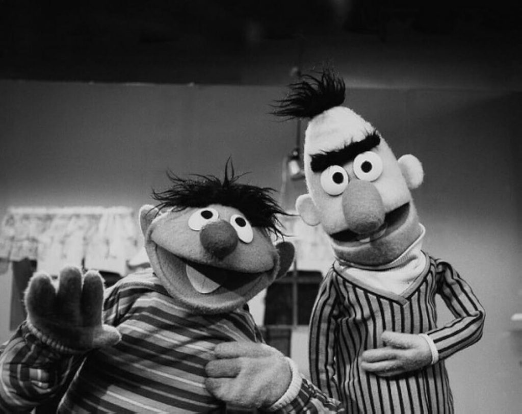 black and white of Bert and Earnie from Sesame Street.