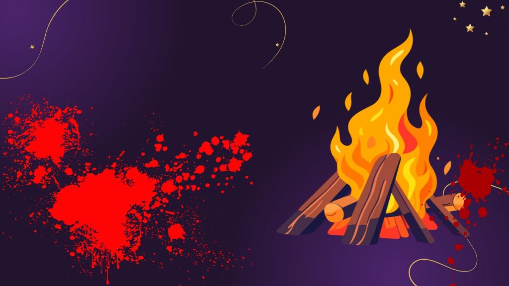 graphic art for a campfire and some blood splatters on a purple background.