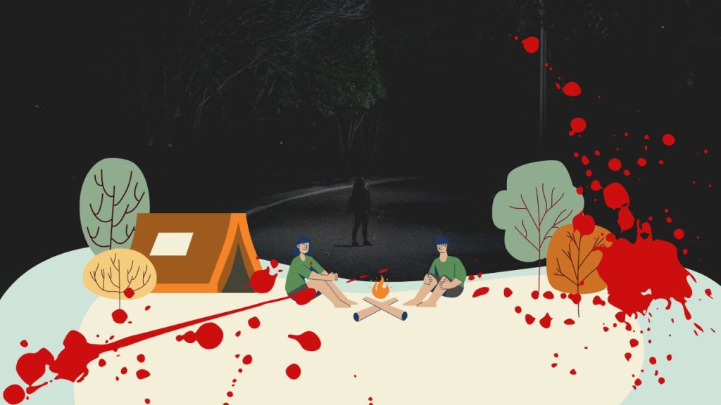 Drawing of two ppl around a campfire near a tent with some trees, but the sky is replaced by darkness and a dark figure.