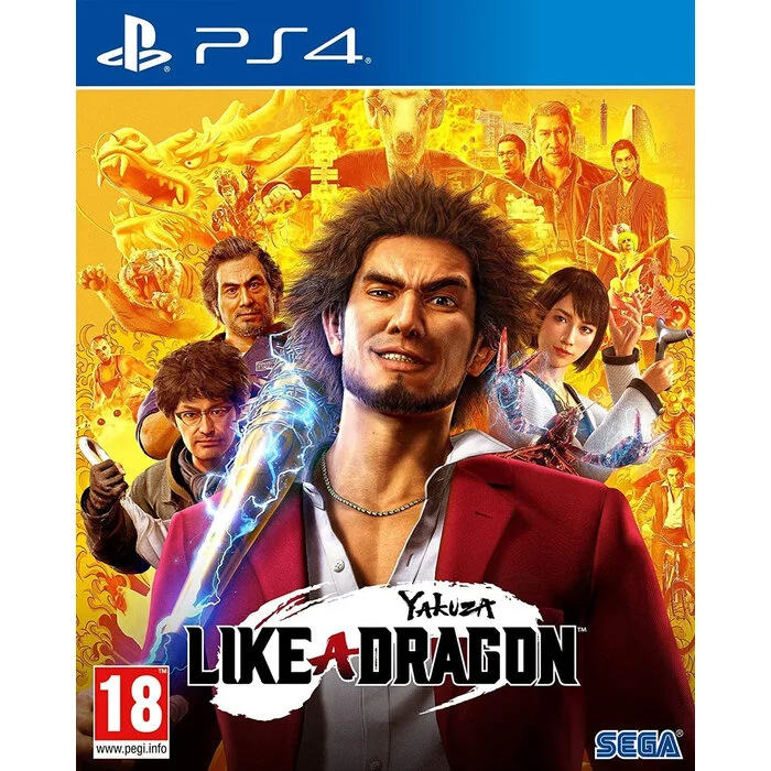 'Yakuza: Like a Dragon' video game cover showing four yakuza members with a dragon and other characters in the background.