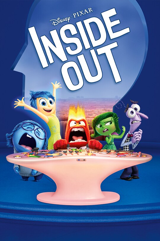 Movie cover of Disney Pixar's Inside Out featuring from left to right Sadness, Joy, Anger, Disgust, and Fear with a blue background and a pink panel in front of them.