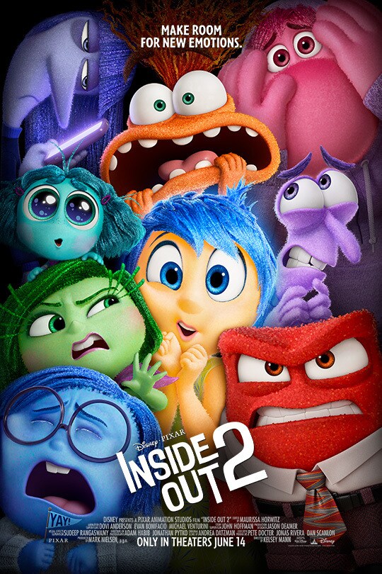 Movie cover of Disney Pixar's Inside Out 2 with Joy, Sadness, Anger, Fear, and Disgust being squished by Anxiety, Embarrassment, Envy, and Ennui.