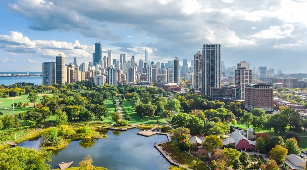 A distant image of Chicago including the park.
