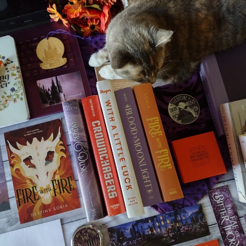 Vertically stacked hardcover books, surrounded by other books and bookmarks, with a cat sitting among them.