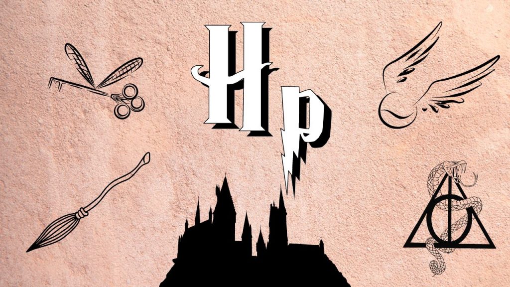Broom, golden snitch, Hogwarts, enchanted key, and the Deathly Hallows.