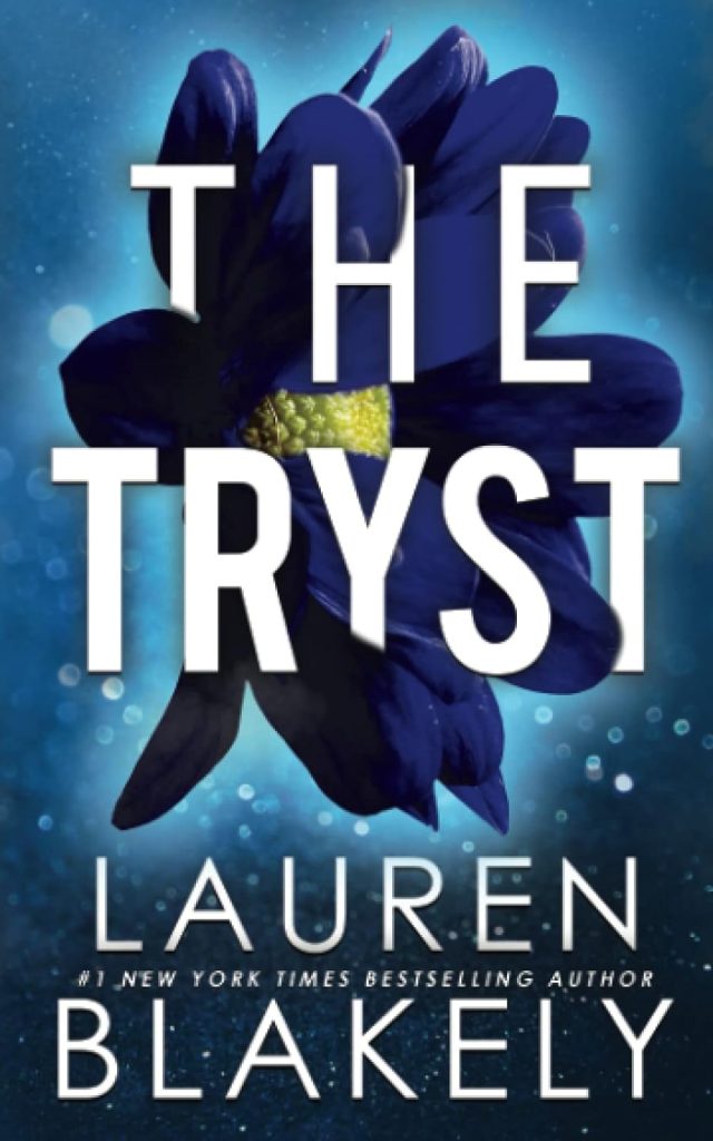 The Tryst book cover, blue background with a royal blue flower and yellow-green stamen.