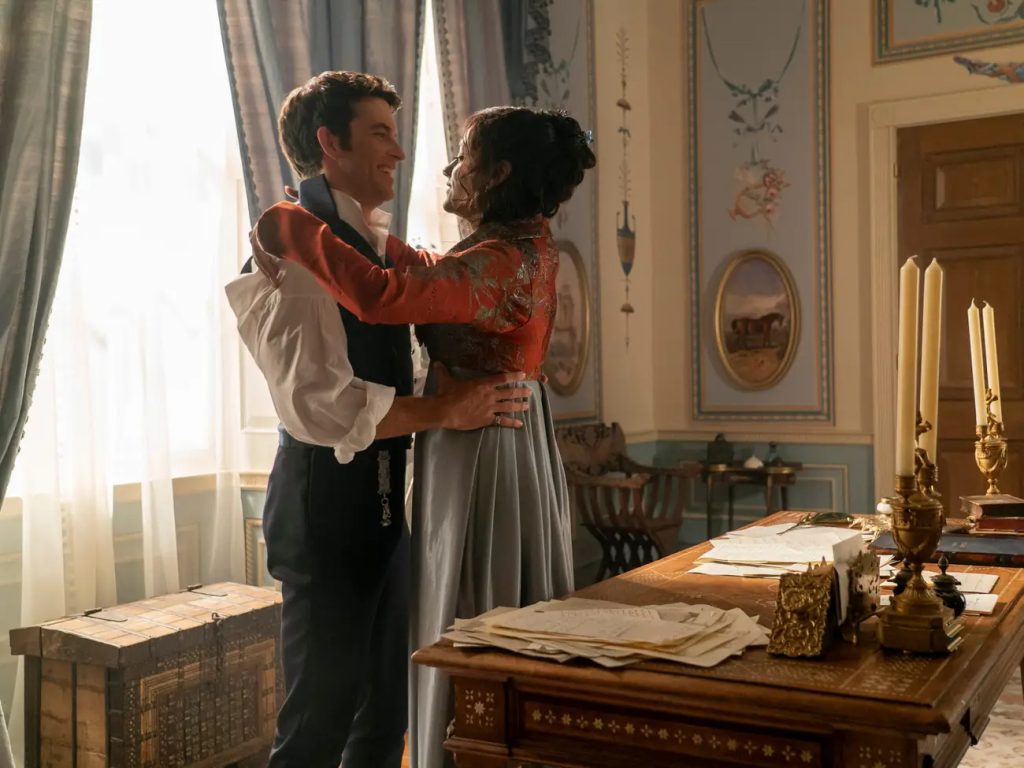 Kate and Anthony happily embracing in their chambers in the Bridgerton House