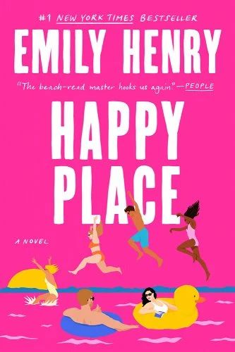 Book cover of "Happy Place" by Emily Henry with a bright pink background and characters swimming and jumping into a body of water during the sunset.