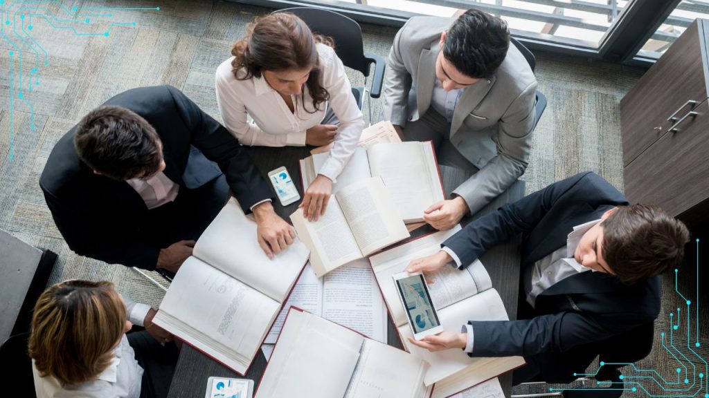 Business team looking through papers