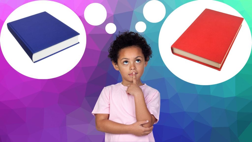 A child debates his book choices.