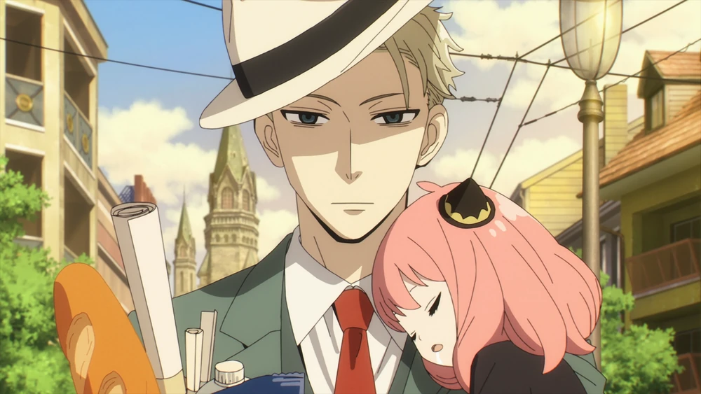 Loid Forger from Spy x Family. An exhausted Loid carrying a sleeping Anya and their groceries.