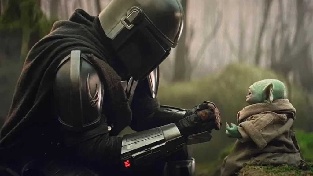 Din Djarin from The Mandalorian. Din Djarin and Grogu practicing using the Force.
