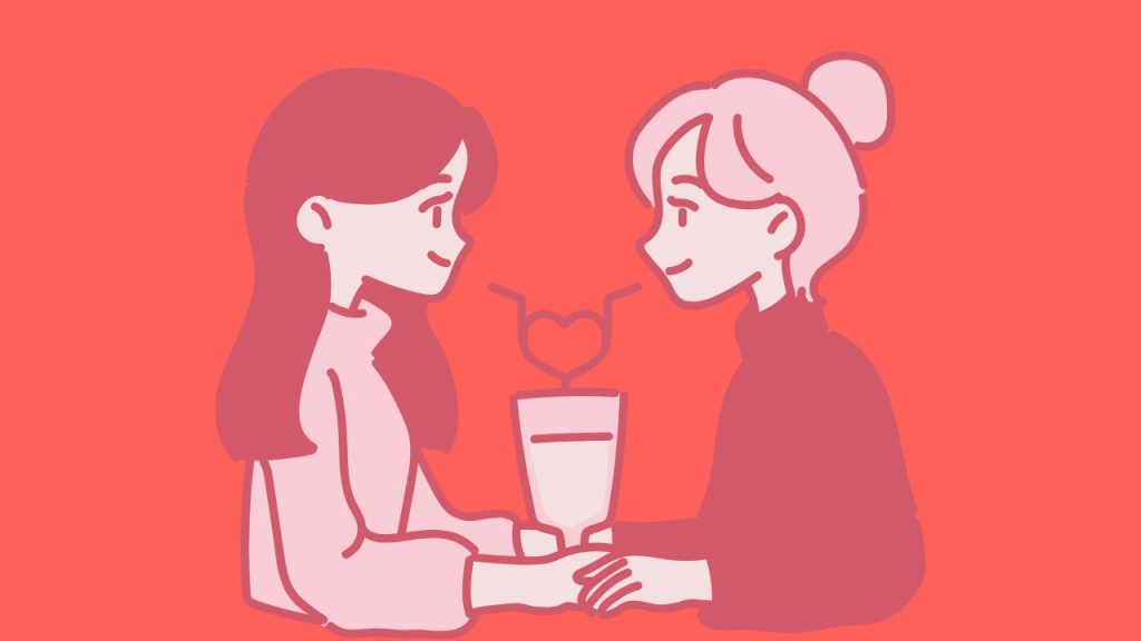 A darker shade of orange for the background. There are two women facing each other and sharing a drink with a heart-shaped straw. They are holding hands.