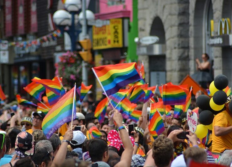 A vibrant crowd celebrates at a Pride parade, waving numerous rainbow flags. The scene is lively and colorful, with various people enjoying the festivities, surrounded by urban buildings and festive decorations.