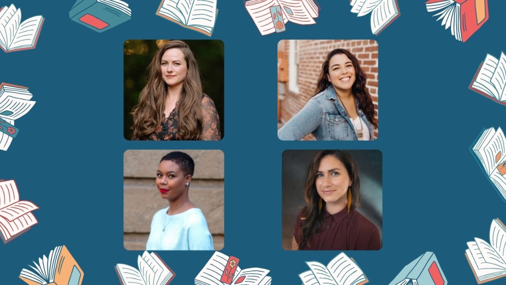 Blue background with a frame of animated books and photos the four mentioned authors
