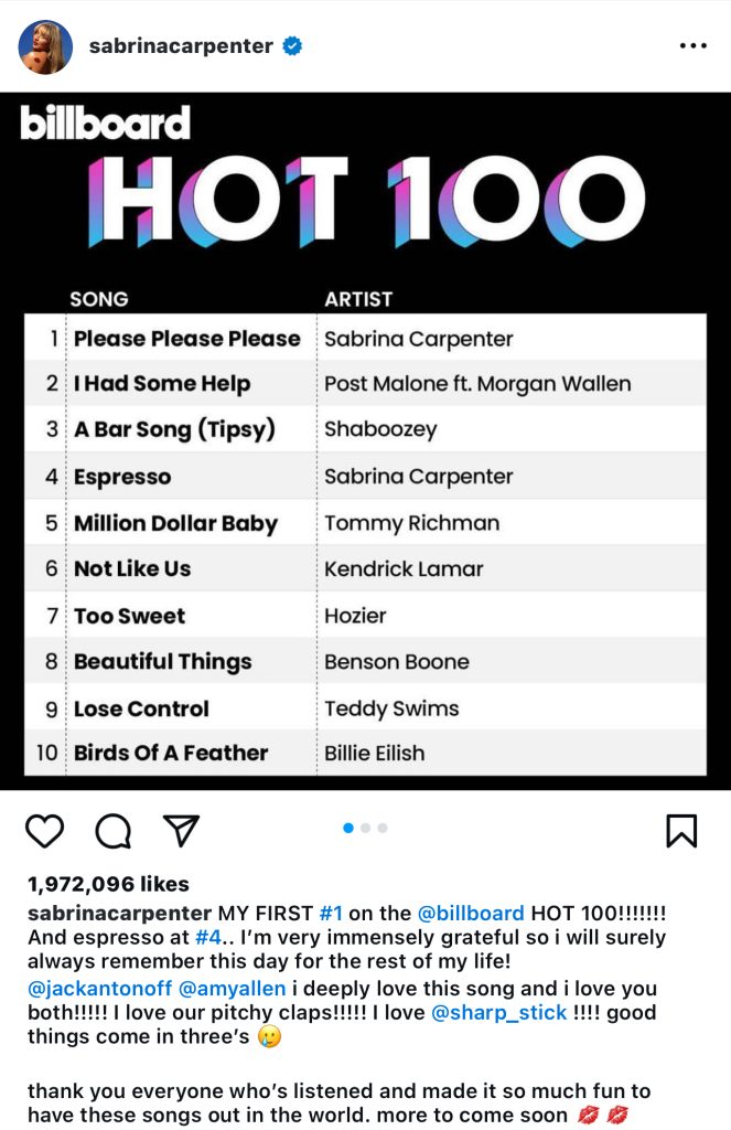 Instagram post by Sabrina Carpenter of the Hot Billboard 100 with "Please Please Please" at number one and "Espresso" as number four.