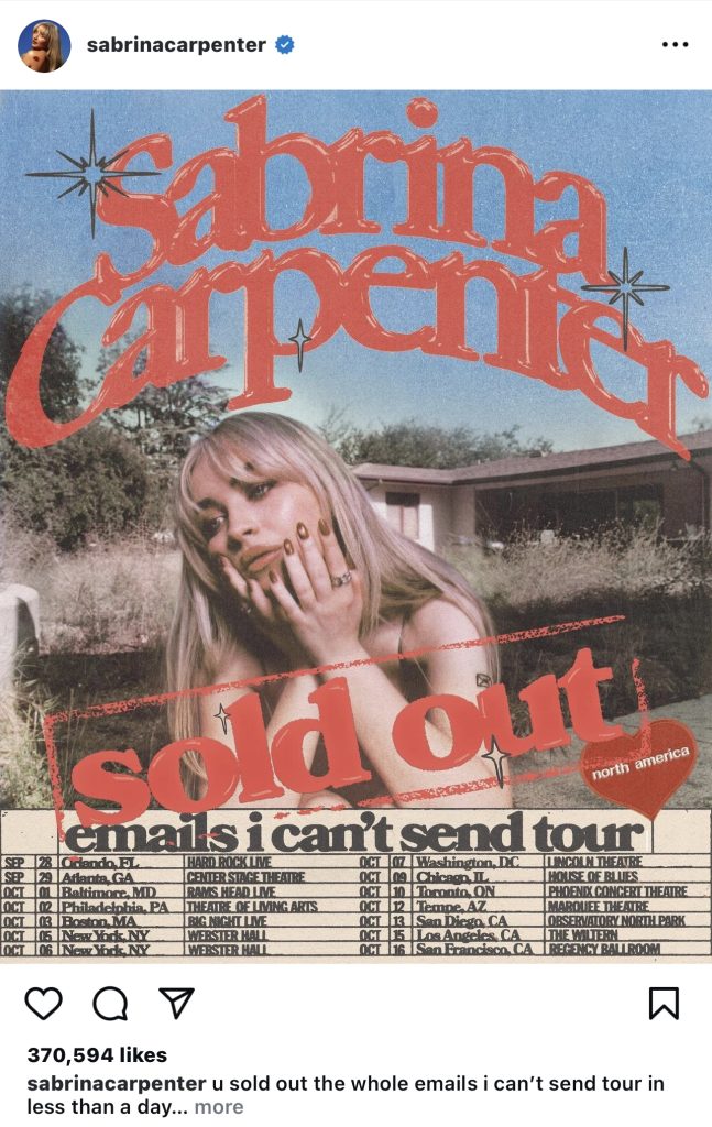 Instagram post by Sabrina Carpenter of her "Email I Can't Send Tour being sold out with her in the middle and a house in the back scenary.
