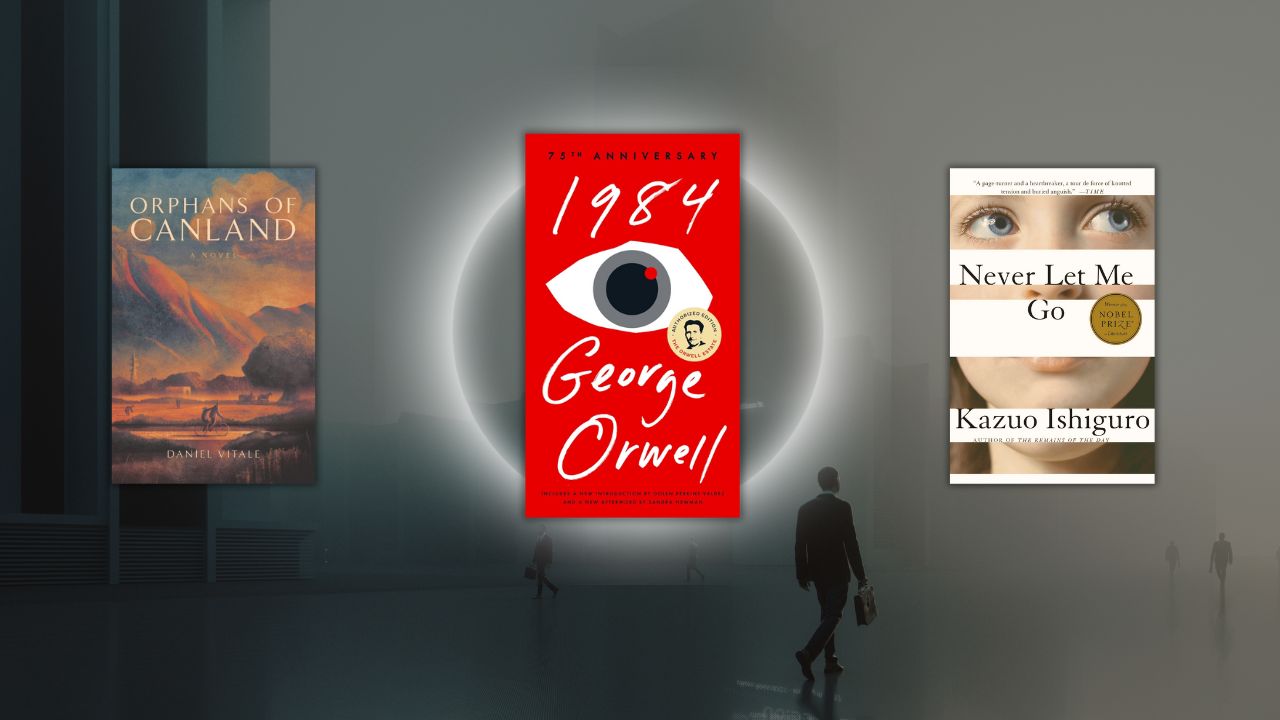 George Orwell's 1984 Book Cover in a glowing circle between 2 books.