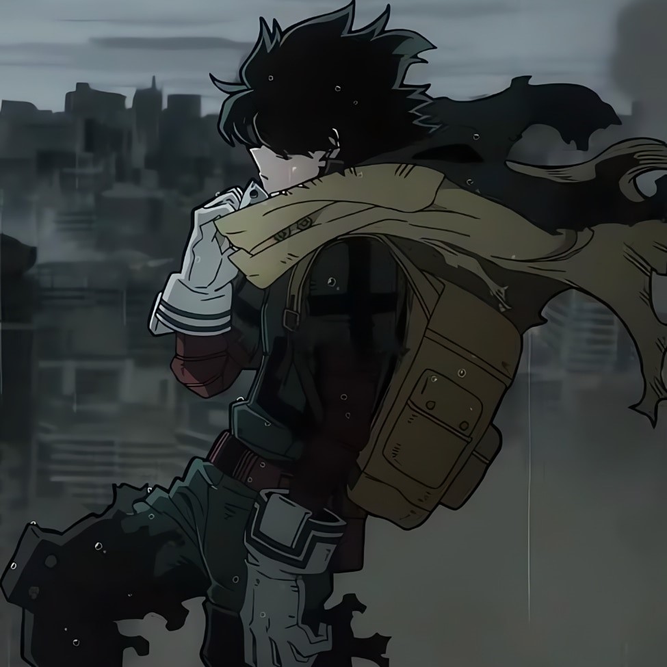 Side profile of vigilante Deku standing on a building and pulling at his scarf.