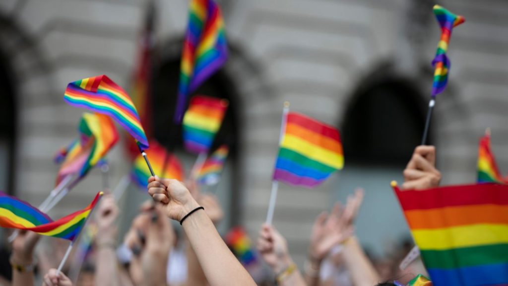 hands holding up pride flags