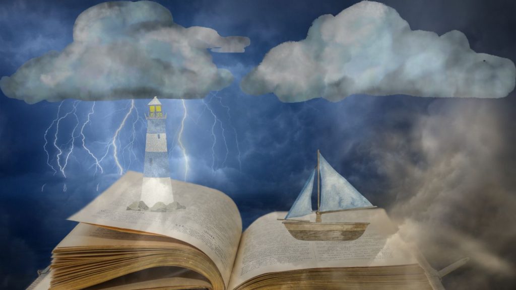 A lighthouse and a boat coming out of a book with a storm all aroun it