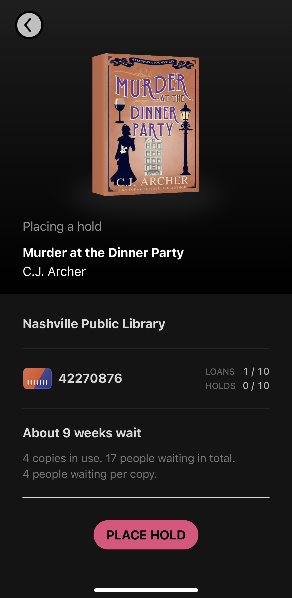 Screenshot of the Libby app when placing a hold.