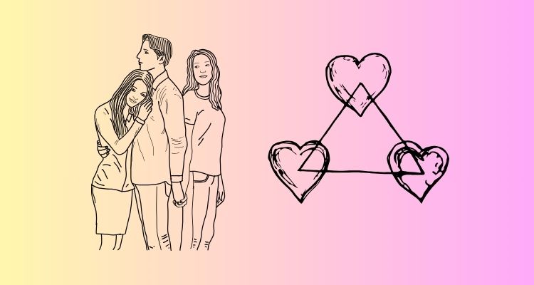 yellow to pink ombre background with a love triangle of two women and a man next to a triangle with hearts on the corners.