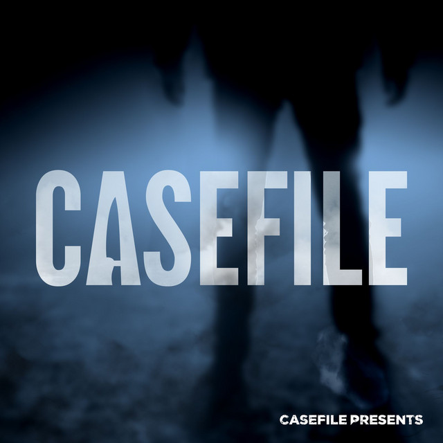 A blurry and bluish background with a person standing in the background. The words "Casefile" are in bold white lettering in the middle.