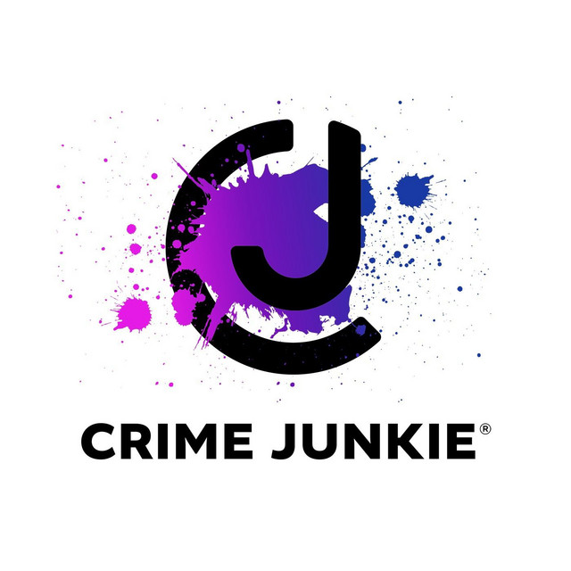 A "c" and a "j" put together in front of a purple splotch of paint with "Crime Junkie" underneath in black bold lettering.