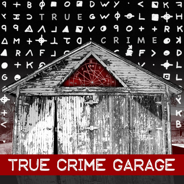 A wooden garage drawing with the zodiac letters in the background. "True Crime Garage" is in bold lettering with a red border.