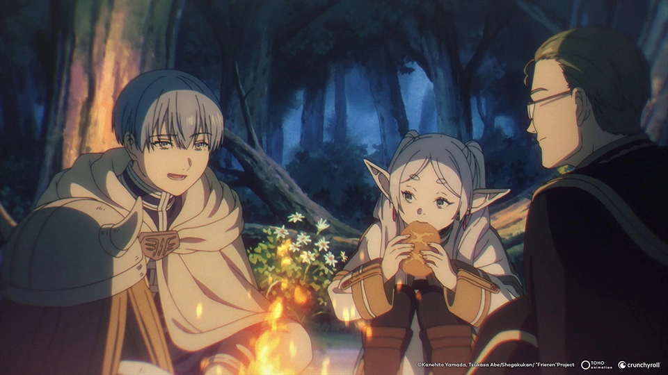 Characters from 'Frieren,' from left to right: Himmel, Frieren, and Heiter sitting around a campfire.