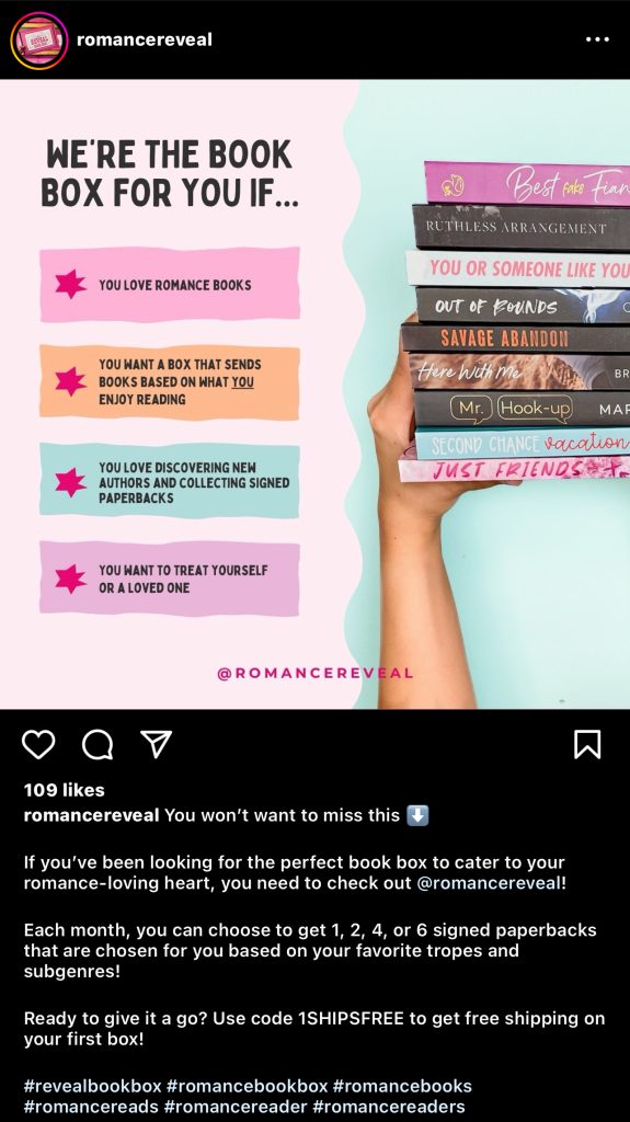 Instagram post by Romance Reveal with a pink and mint split background down the middle. Mint side a hand is holding nine romance books and on the pink side a list of reasons to subscribe.