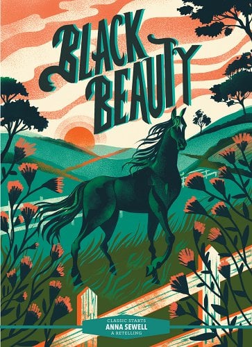 'Black Beauty' by Anna Sewell book cover showing a black horse walking in a meadow.