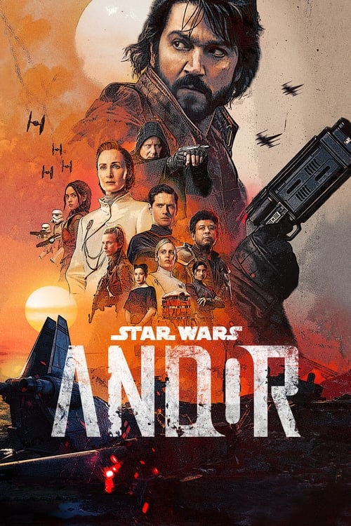 Andor key visual poster of main lead Andor on top of the poster, his figure slowly showing many of the important side characters, a setting sun on the bottom as orange bleeds the background.
