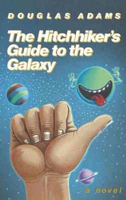 The Hitchhiker's Guide to the Galaxy cover, a hitchhiking thumb with a personified planet.