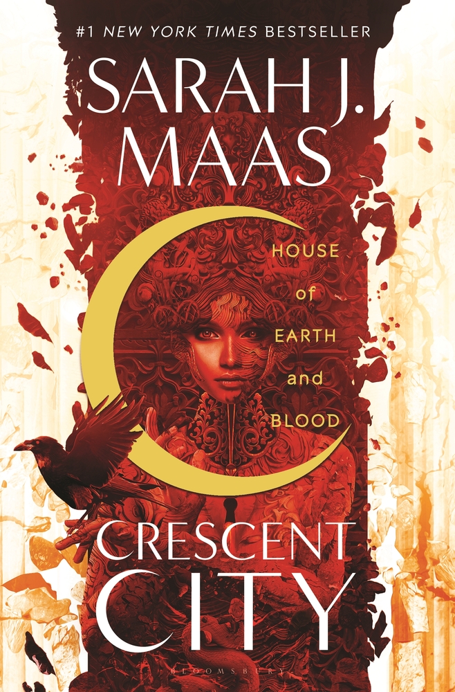 House of Earth and Blood cover, red woman covered in intricate designs with a crow and a crescent moon.