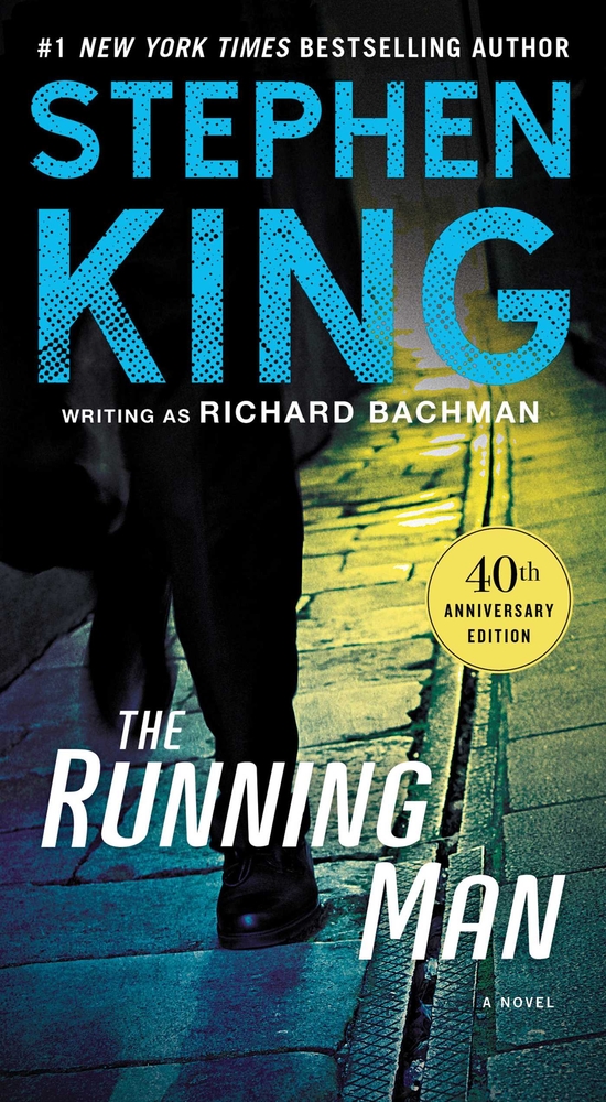 The Running Man cover, someone running on a stone street.