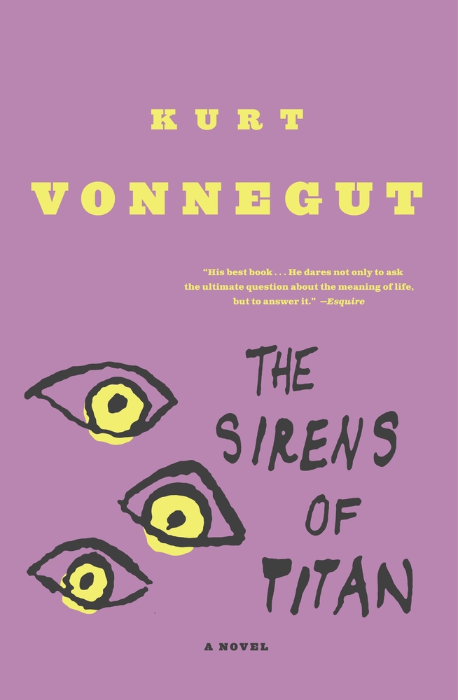 The Sirens of Titan cover, light pink with three yellow sketched eyes.