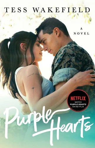 Book cover for "Purple Hearts" by Tess Wakefield. New cover for the motion picture film on Netflix with Sofia Carson and Nicholas Galitzine holding each other.