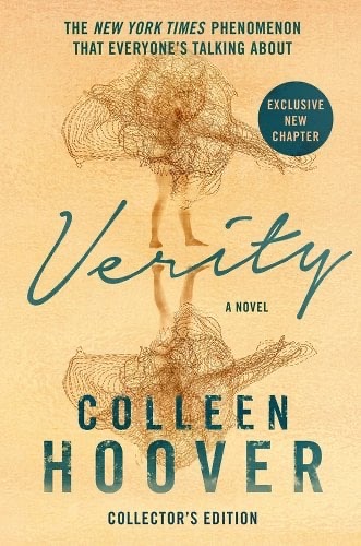 New "Verity" book cover by Colleen Hoover with a yellow background and a person standing on top of the words and a reflection under the words.