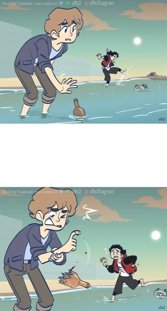 Two teenagers play with a mermaid at the beach. One of them attempts to pick up a glass bottle and cuts his finger, expressing pain.