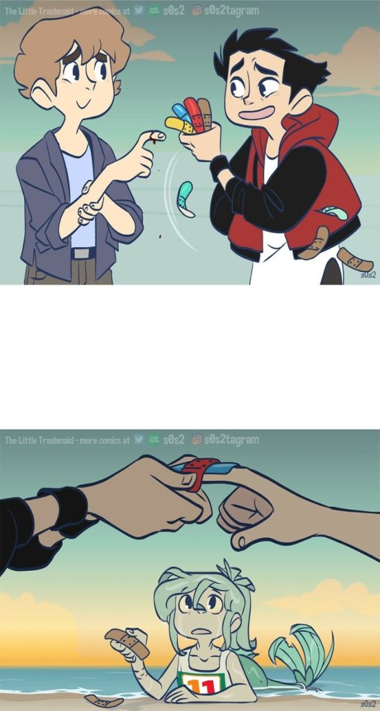 Two panels from "The Little Trashmaid" comic by Stephanie Hermes. The first panel shows two young boys at the beach exchanging colorful band-aids. The second panel depicts a green-haired mermaid staring curiously at the boys as she holds a broken band-aid.