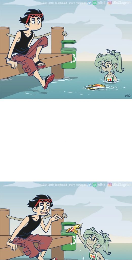 A teenage boy sits at the edge of a dock with a green trash bin beside him. He instructs the little green-haired mermaid to put trash in the bin.