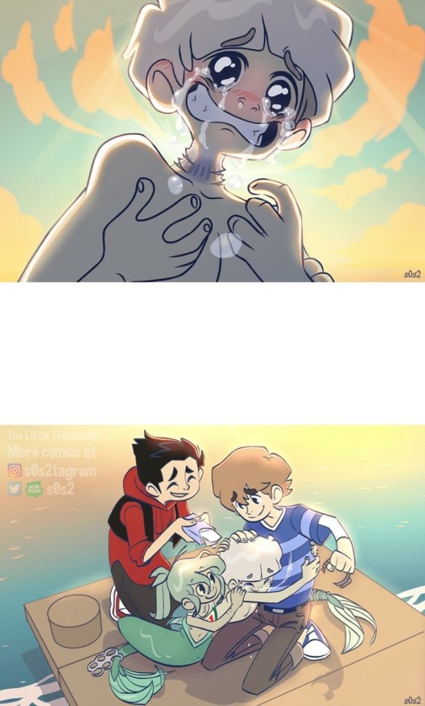 The little merman cries joyfully as the gas metal ring is removed from his neck. He proceeds to hug the teenage boy along with the mermaid in a heartfelt group hug.
