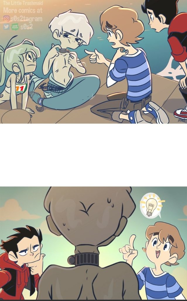 Two young boys with concerned expressions sit on a dock across from a mermaid and a merman who has a gas ring around his neck. In the following scene, the boy in the blue striped shirt has a lightbulb above his head, showing he has an idea.