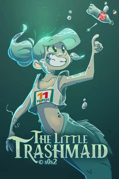 Visual for "The Little Trashmaid" webtoon by Stephanie Hermes, depicting a turquoise mermaid underwater, smiling and pointing at an empty soda bottle and a fork.
