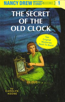The secret of the Old Clock book cover. Nancy Drew sitting in the grass holding an old clock with a screwdriver in her hand.